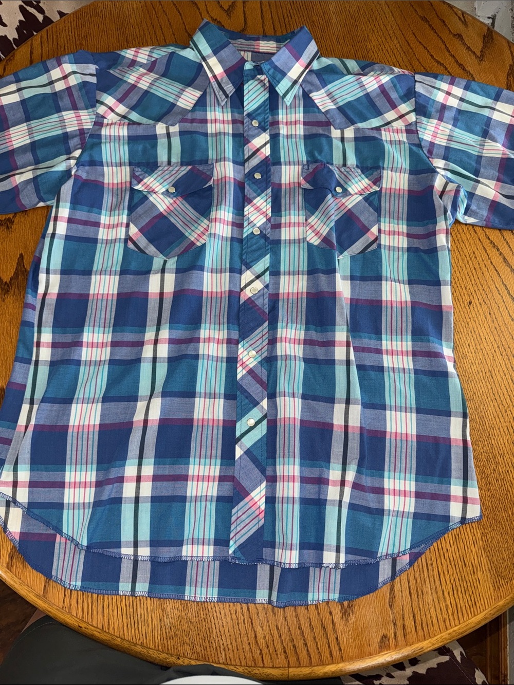 Wrangler Blue Teal Pink Plaid pearl snap Shirt